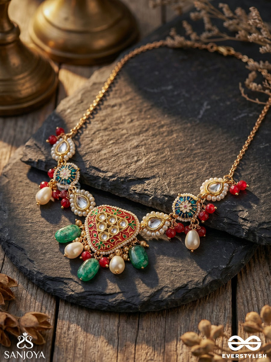 Kusumpratika - Blossom Emblem - Festive Necklace With Ornamental Motifs, Multi-Stone Accents And Dangling Details