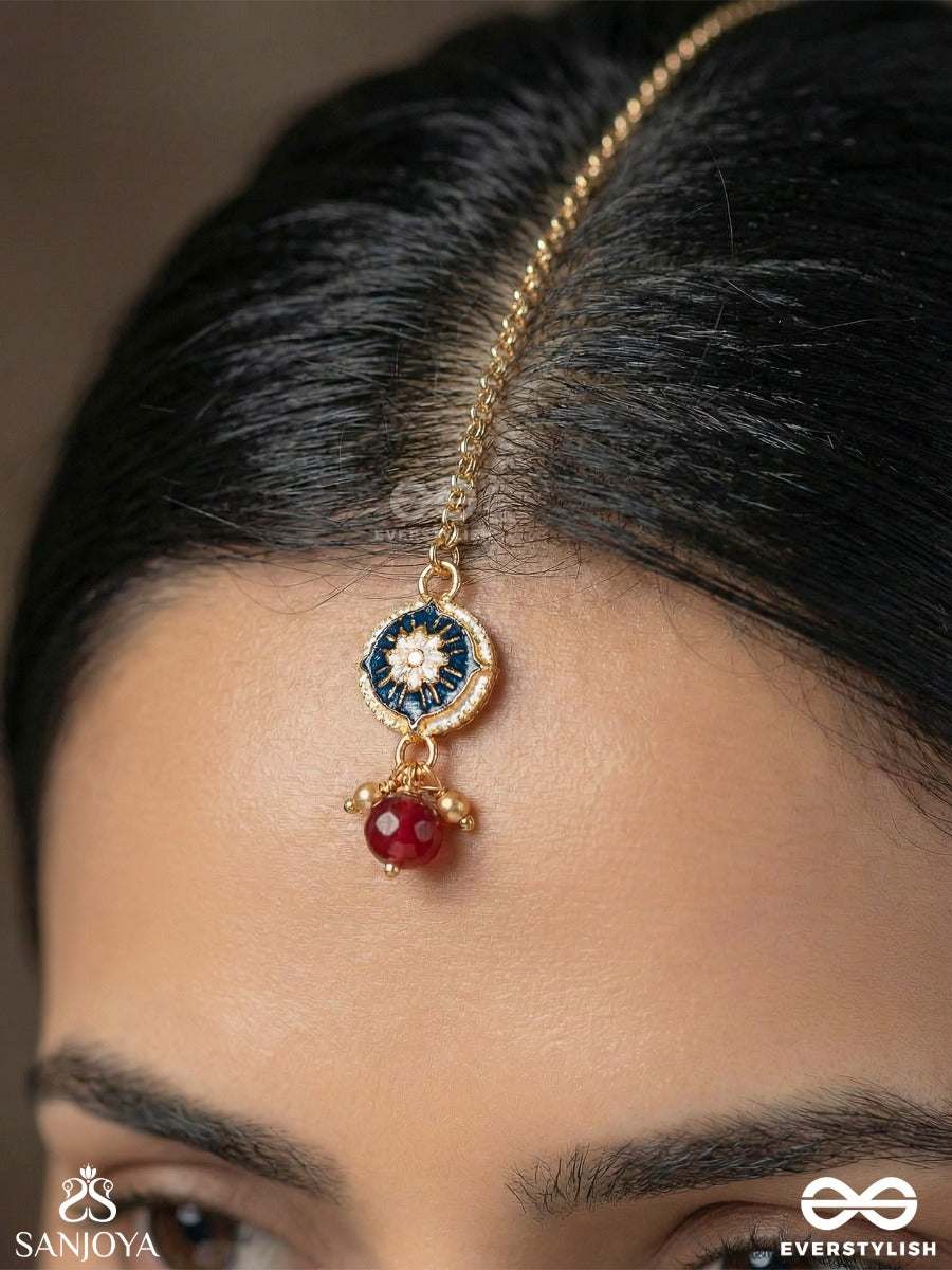 Kusumpratika - Blossom Emblem - Delicate Maangtika With Enamelled Panel, Gem Detail And Single Drop Accent