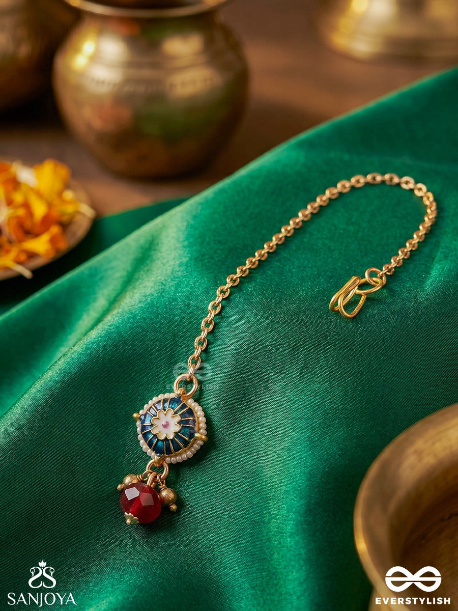 Kusumpratika - Blossom Emblem - Delicate Maangtika With Enamelled Panel, Gem Detail And Single Drop Accent