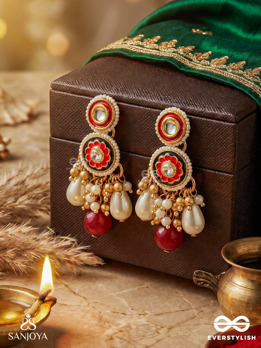 Surlekhita - Divine Design - Ornate Earrings With Enamelled Panel, Pearl Clusters And Ruby-Toned Danglers