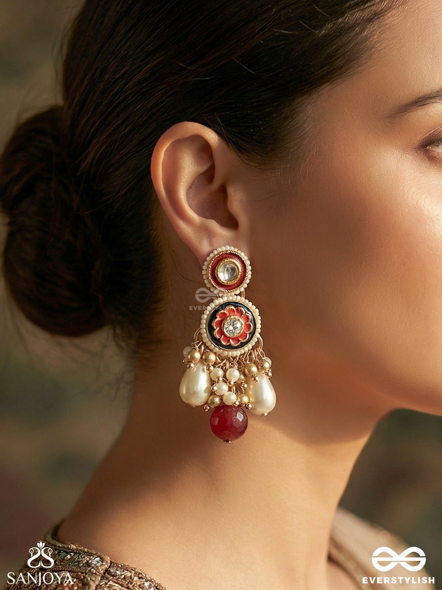 Surlekhita - Divine Design - Ornate Earrings With Enamelled Panel, Pearl Clusters And Ruby-Toned Danglers
