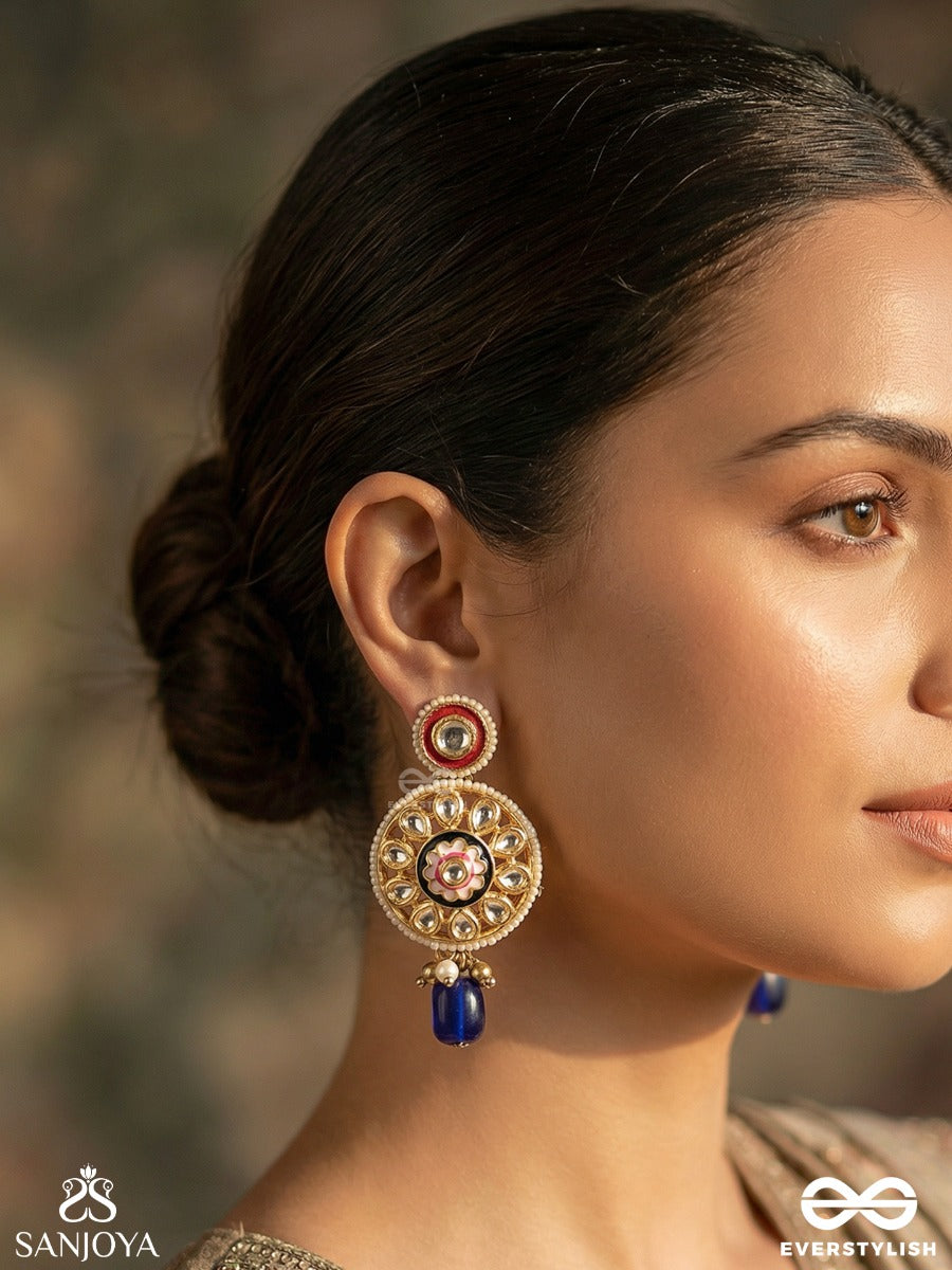 Alokpratika - Radiant Emblem - Elegant Earrings With Gemmed Panel, Enamel Detail And Dangling Blue Drop