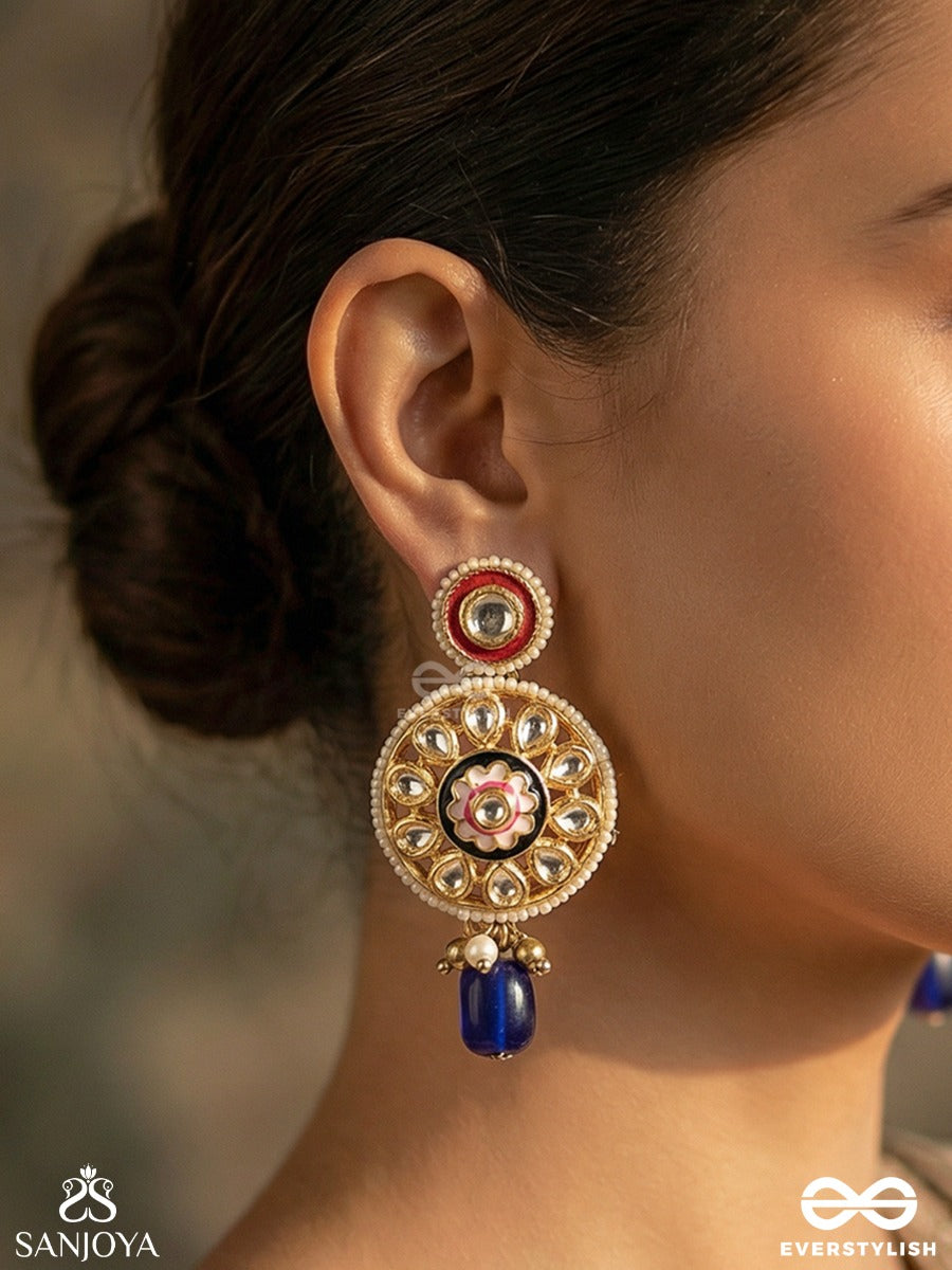 Alokpratika - Radiant Emblem - Elegant Earrings With Gemmed Panel, Enamel Detail And Dangling Blue Drop