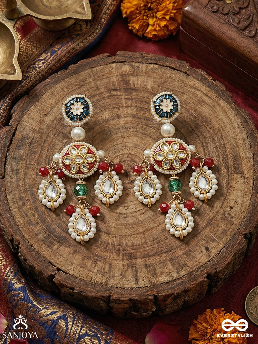 Kusumpratika - Blossom Emblem - Ornate Earrings With Embellished Design, Multi-Drop Elements And Gem Accents