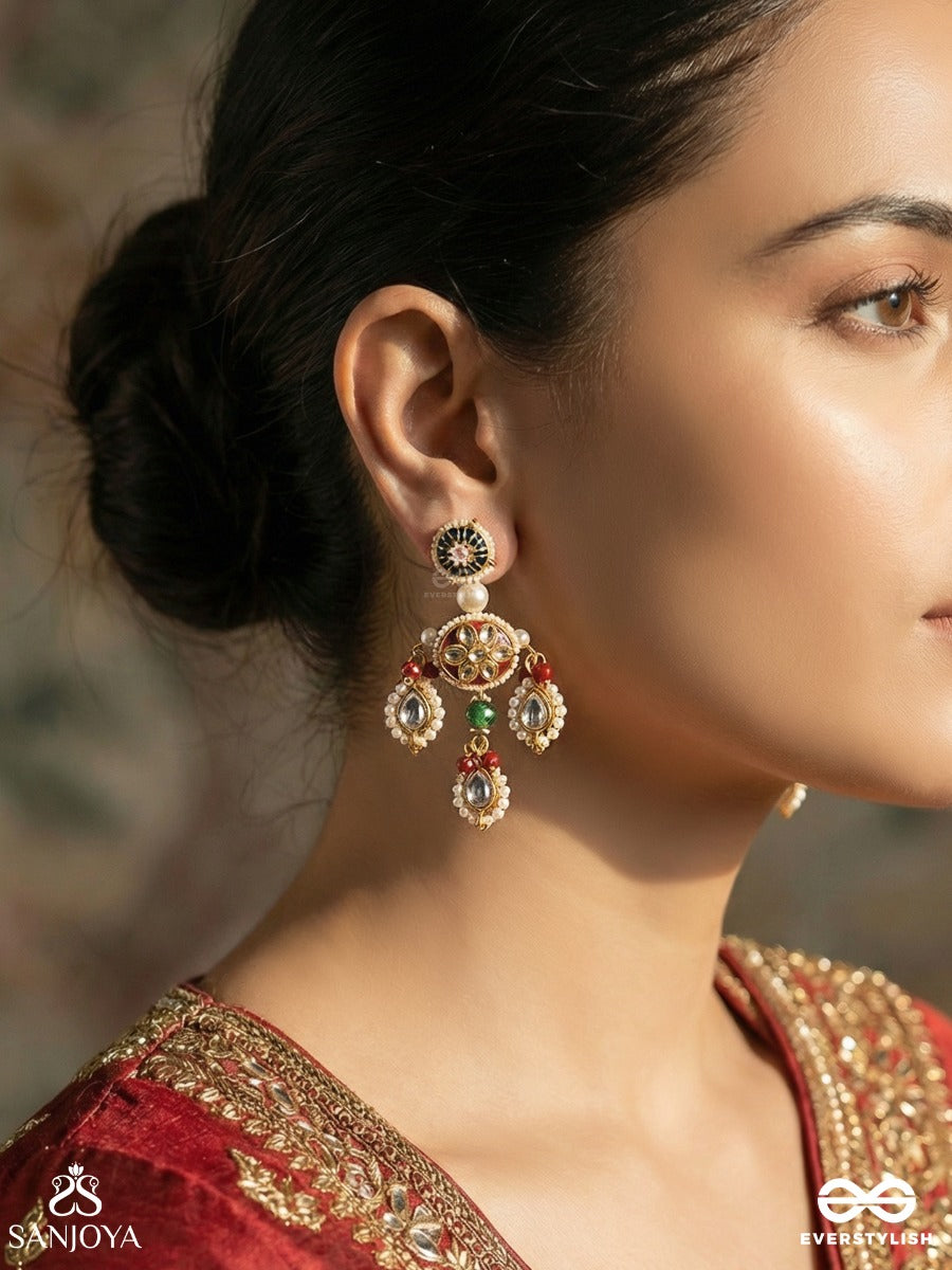 Kusumpratika - Blossom Emblem - Ornate Earrings With Embellished Design, Multi-Drop Elements And Gem Accents