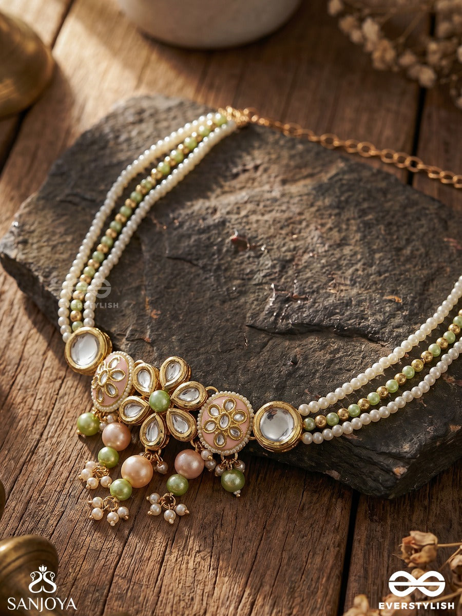Vasukamini - Treasured Beauty - Festive Necklace With Floral Medallions, Pearl Strands And Dangling Green Accents
