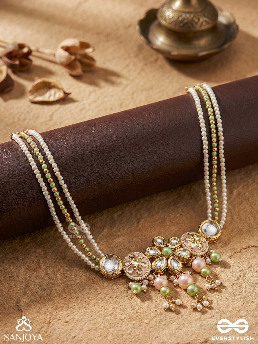 Vasukamini - Treasured Beauty - Festive Necklace With Floral Medallions, Pearl Strands And Dangling Green Accents