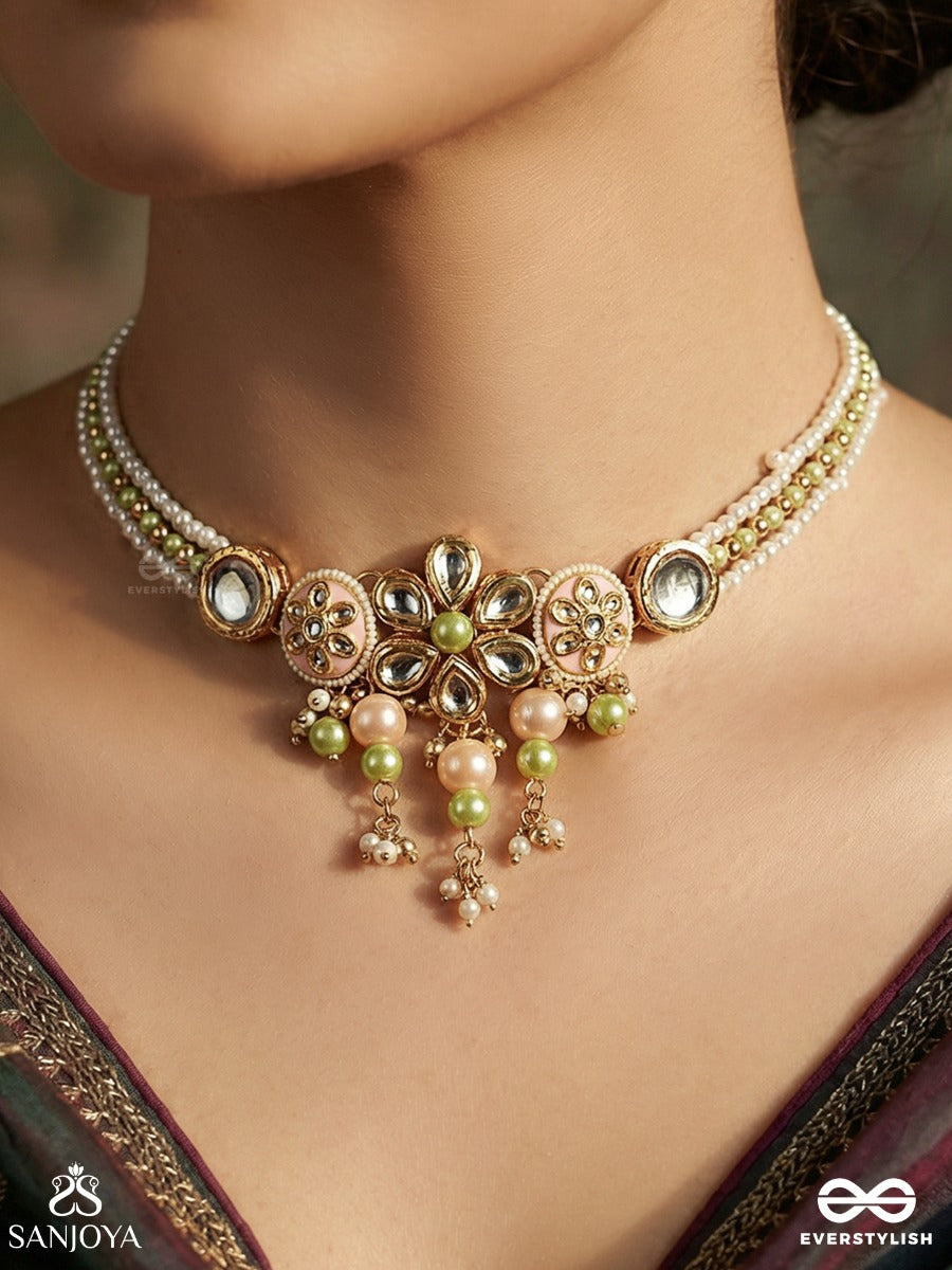 Vasukamini - Treasured Beauty - Festive Necklace With Floral Medallions, Pearl Strands And Dangling Green Accents