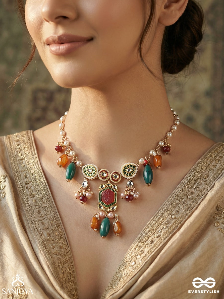 Manikantha - Jewelled Core - Festive Necklace With Ornamental Centrepiece, Gemmed Motifs And Multi-Stone Drop Accents