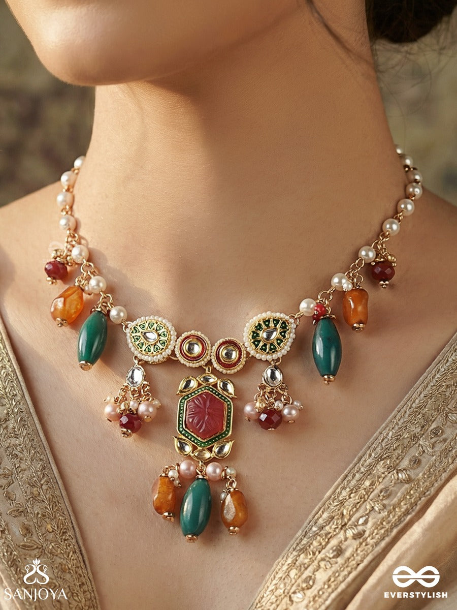 Manikantha - Jewelled Core - Festive Necklace With Ornamental Centrepiece, Gemmed Motifs And Multi-Stone Drop Accents