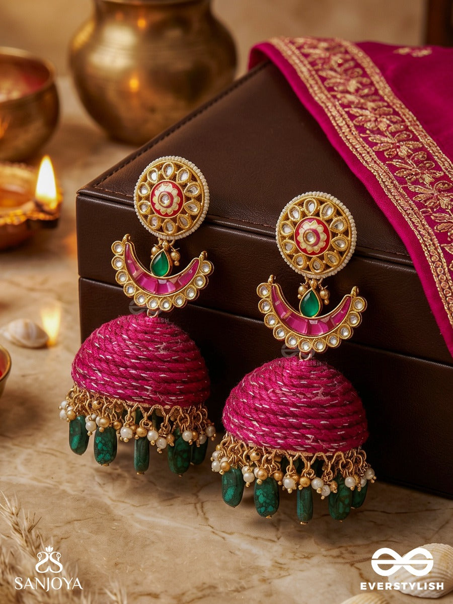 Rangjhumri - Play Of Colours - Statement Earrings With Thread-Woven Disc And Dangling Stone Accents