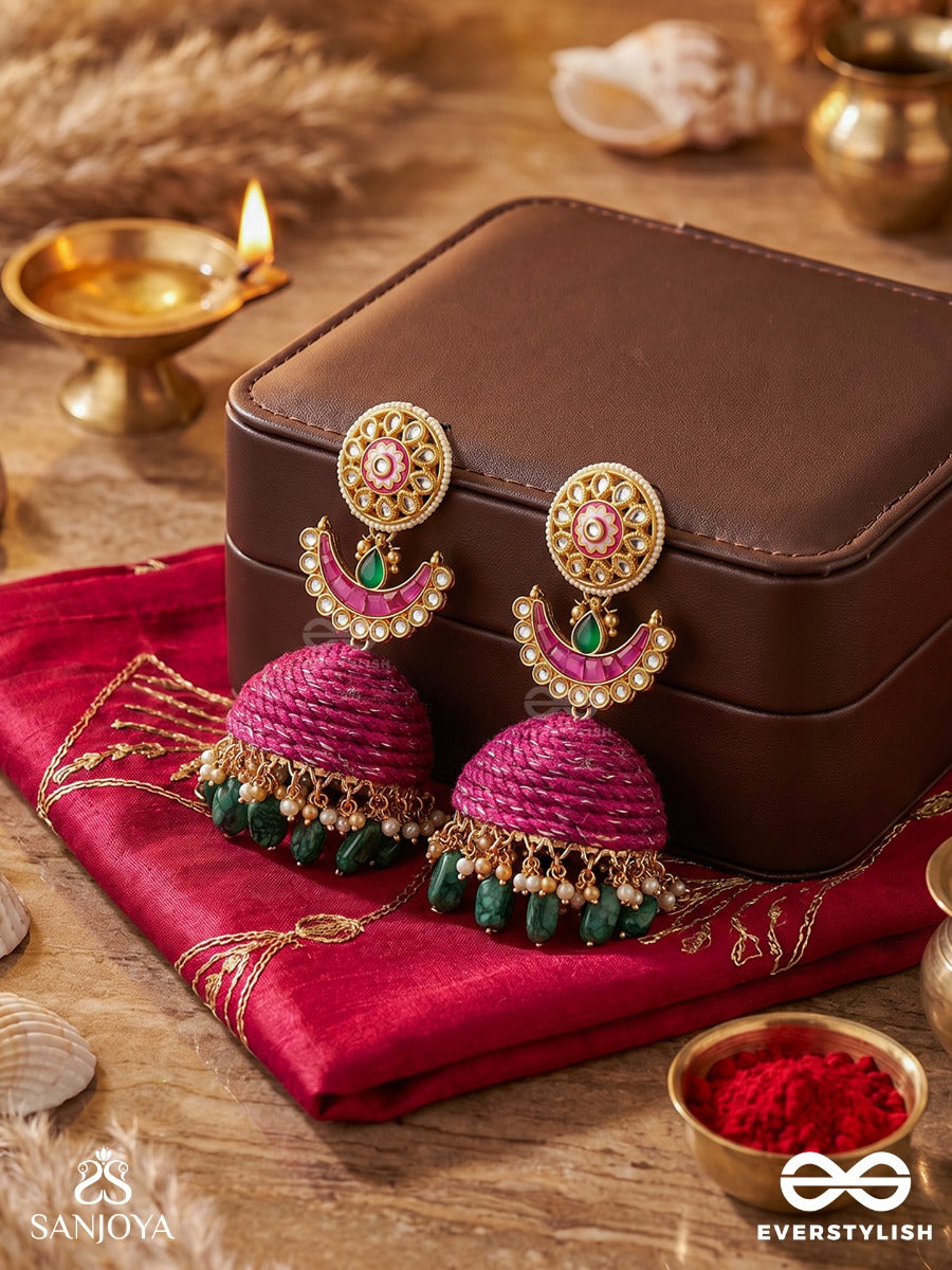 Rangjhumri - Play Of Colours - Statement Earrings With Thread-Woven Disc And Dangling Stone Accents