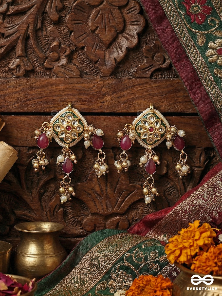 Maniketana - House Of Jewels - Ornate Earrings With Gem Cluster Design And Dangling Ruby Details