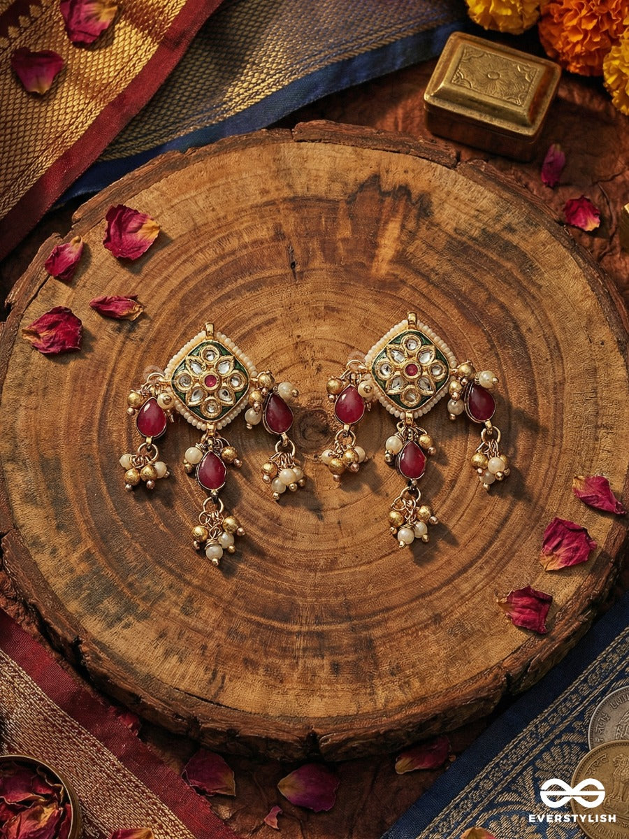 Maniketana - House Of Jewels - Ornate Earrings With Gem Cluster Design And Dangling Ruby Details