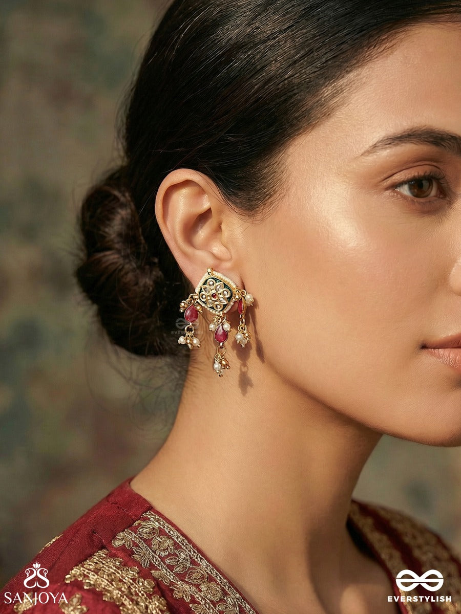 Maniketana - House Of Jewels - Ornate Earrings With Gem Cluster Design And Dangling Ruby Details