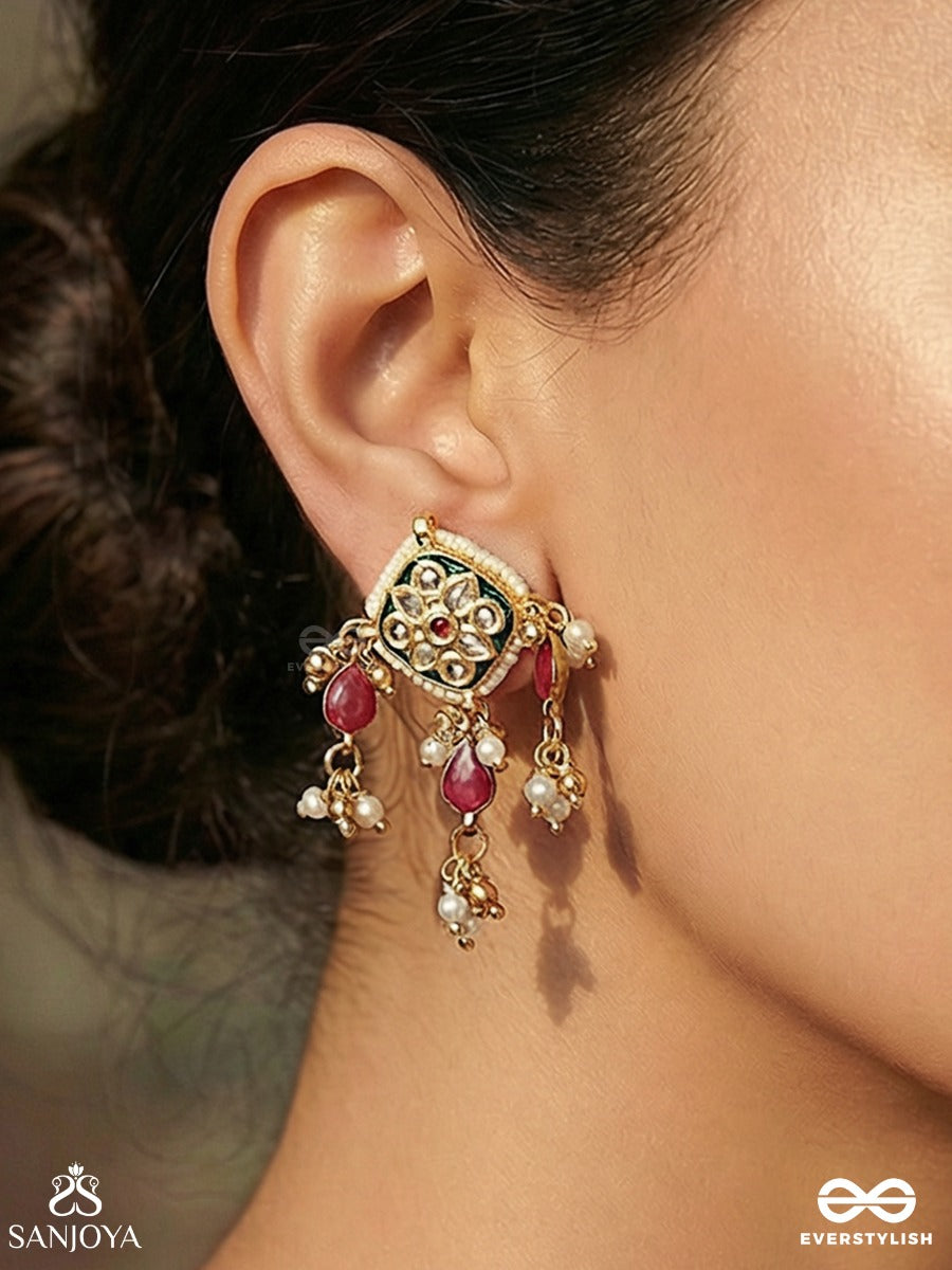 Maniketana - House Of Jewels - Ornate Earrings With Gem Cluster Design And Dangling Ruby Details