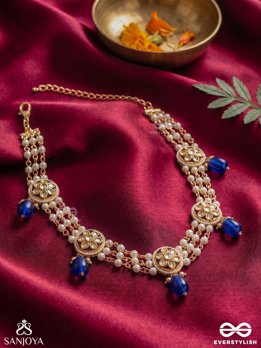Neelmukta - Blue Pearl - Elegant Necklace With Multi-Strand Pearls, Ornate Medallions And Blue Drop Accents