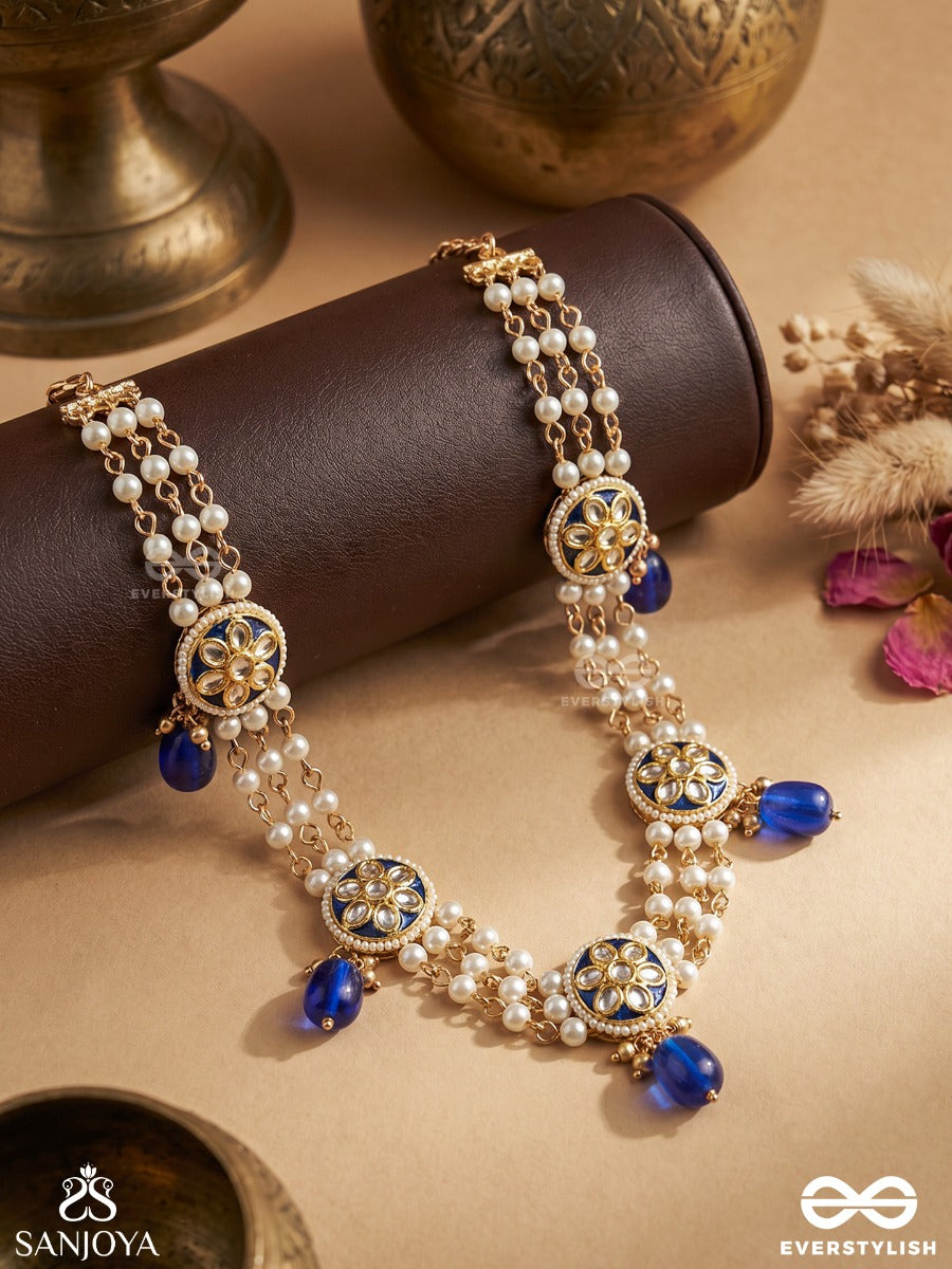 Neelmukta - Blue Pearl - Elegant Necklace With Multi-Strand Pearls, Ornate Medallions And Blue Drop Accents