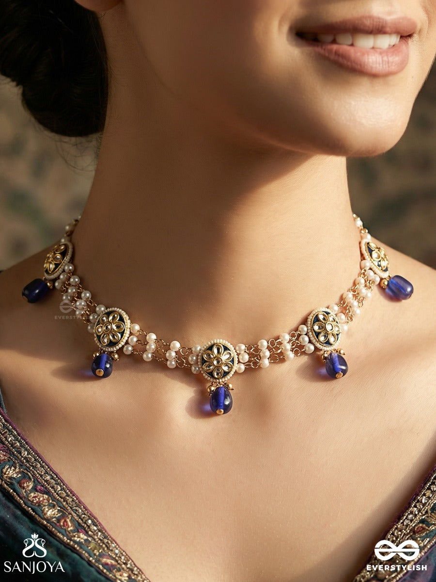 Neelmukta - Blue Pearl - Elegant Necklace With Multi-Strand Pearls, Ornate Medallions And Blue Drop Accents