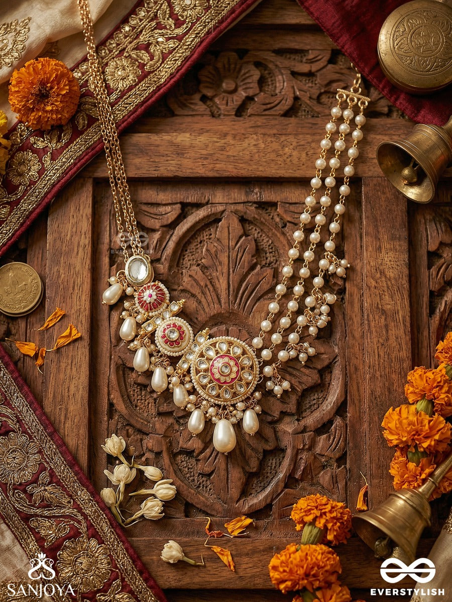Mrinalvarcha - Lotus Splendour - Festive Necklace With Enamelled Elements, Draped Chains And Dangling Accents