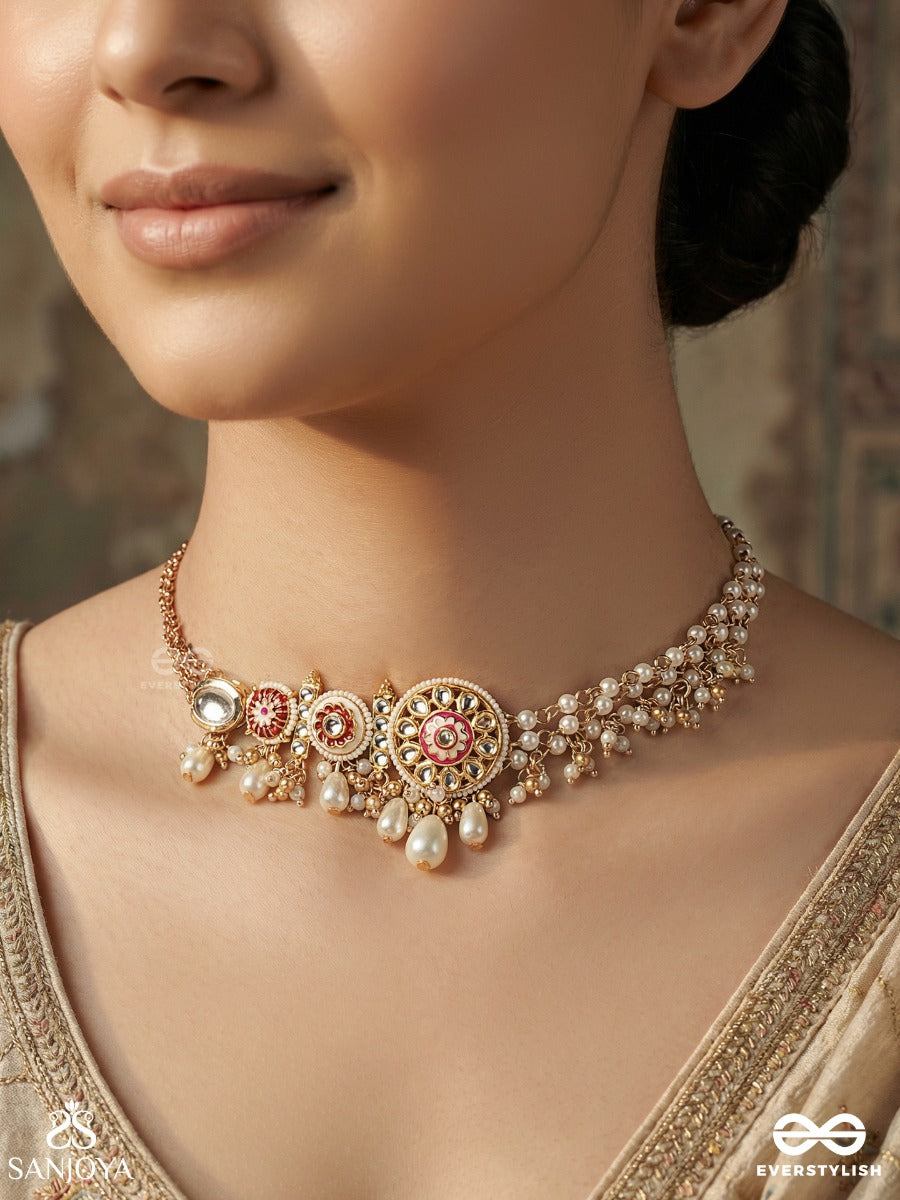 Mrinalvarcha - Lotus Splendour - Festive Necklace With Enamelled Elements, Draped Chains And Dangling Accents