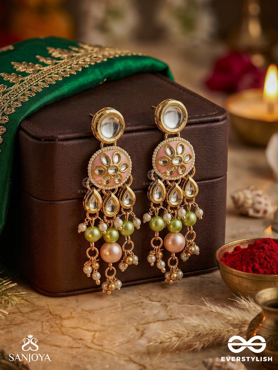 Vasukamini - Treasured Beauty - Ornate Earrings With Gemmed Bloom Motif And Multi-Drop Pearl And Green Details