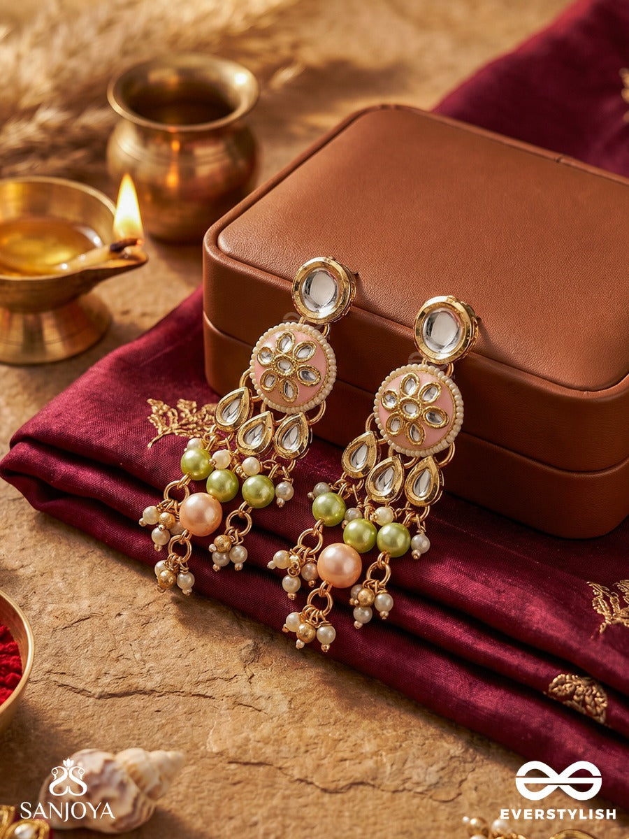 Vasukamini - Treasured Beauty - Ornate Earrings With Gemmed Bloom Motif And Multi-Drop Pearl And Green Details