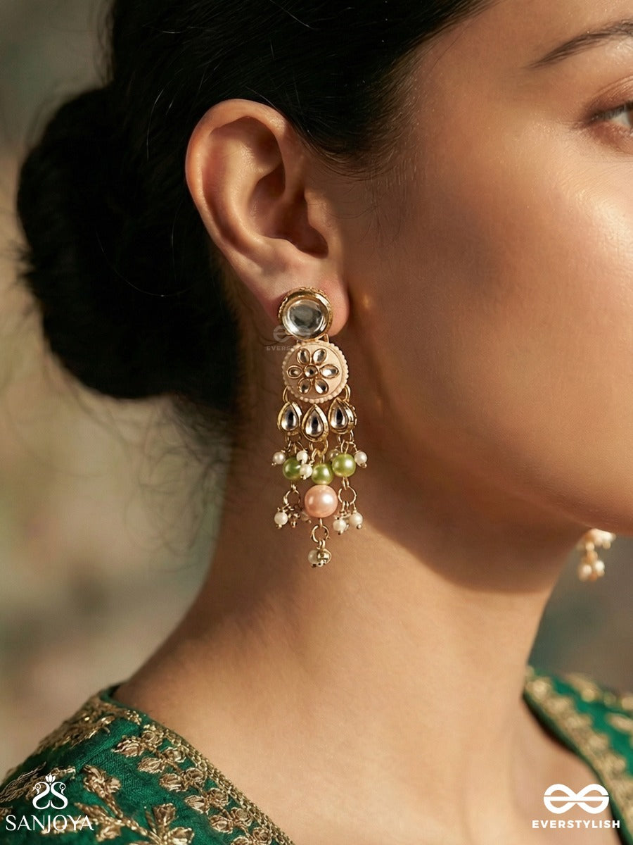 Vasukamini - Treasured Beauty - Ornate Earrings With Gemmed Bloom Motif And Multi-Drop Pearl And Green Details