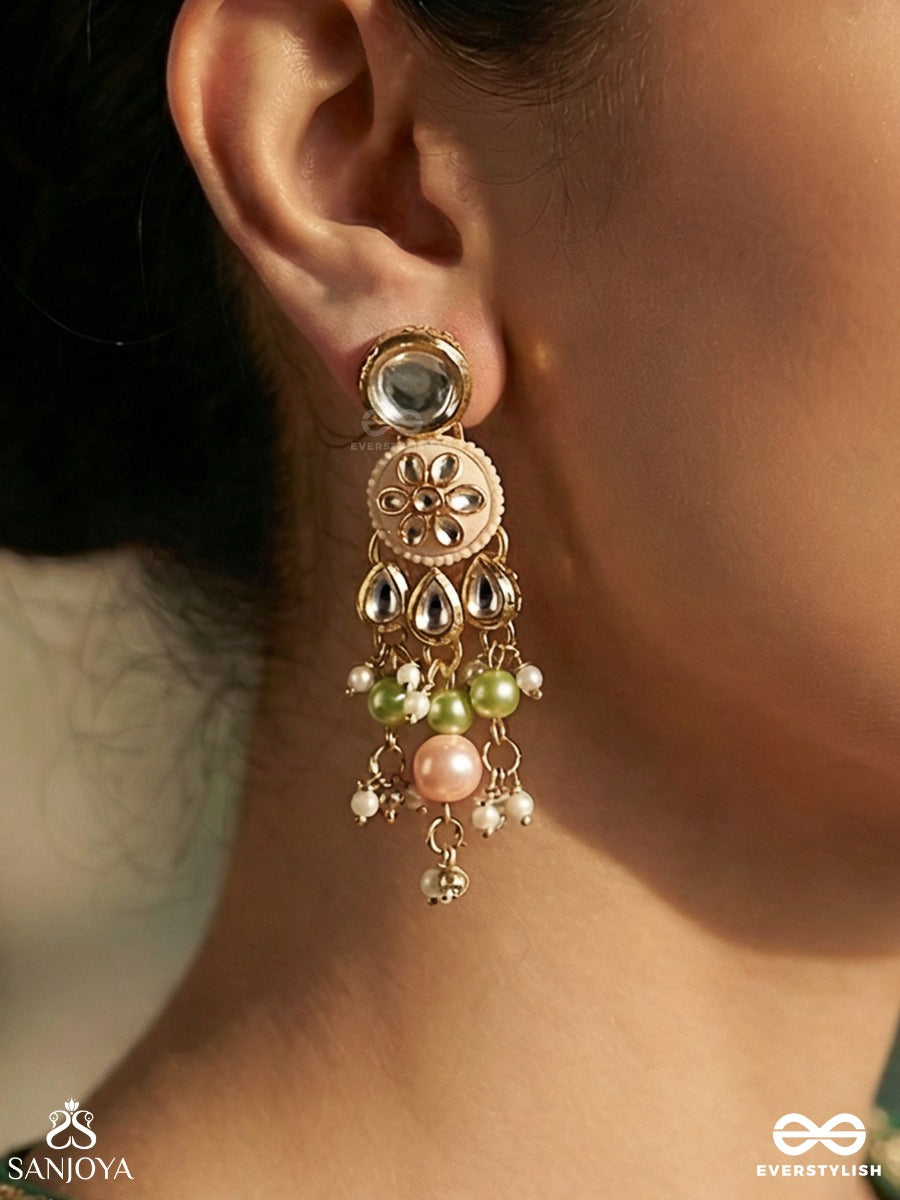 Vasukamini - Treasured Beauty - Ornate Earrings With Gemmed Bloom Motif And Multi-Drop Pearl And Green Details