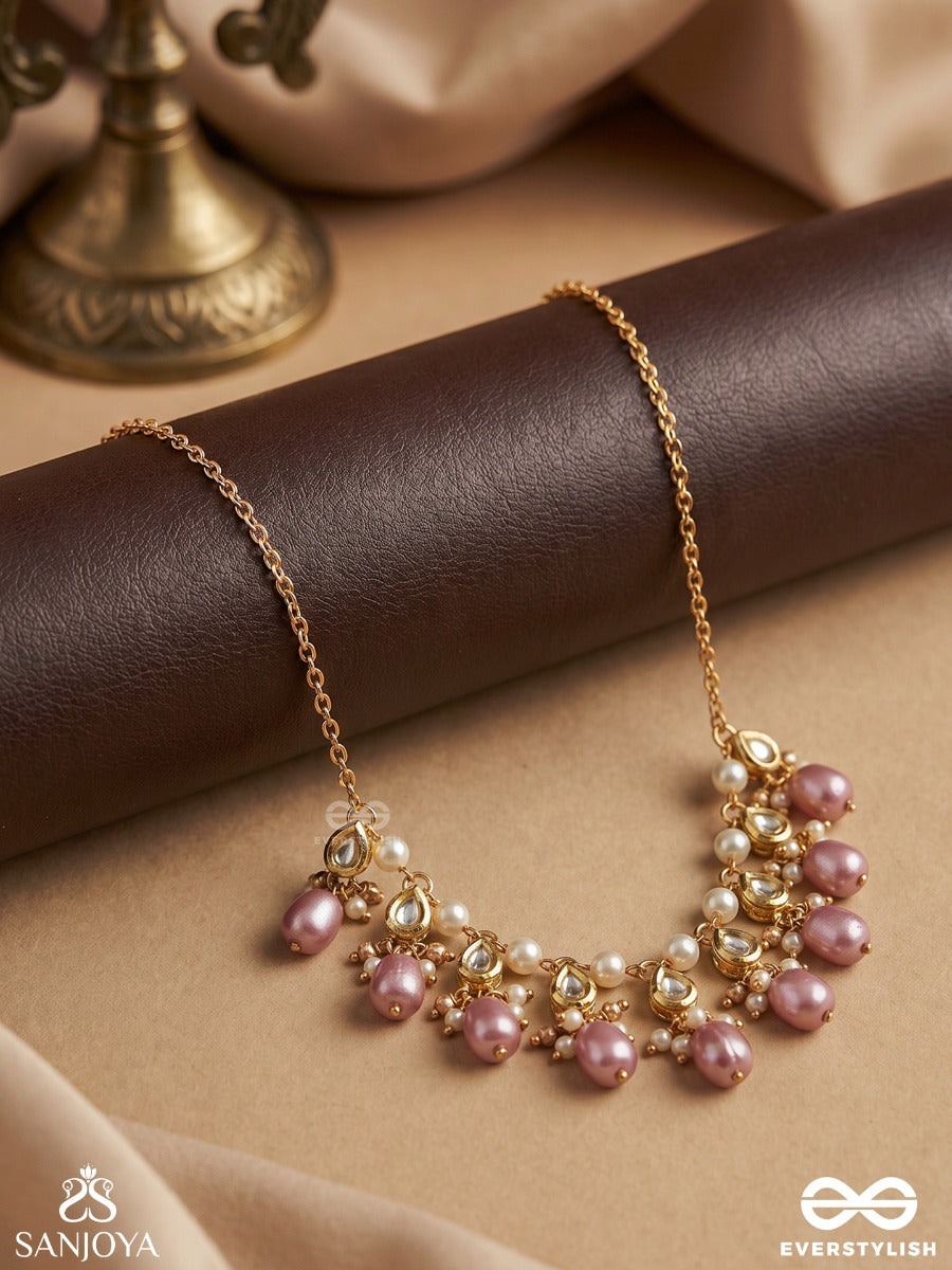 Mridulshraya - Gentle Abode - Elegant Necklace With Pearl Link Chain And Repeating Lilac Drop Accents