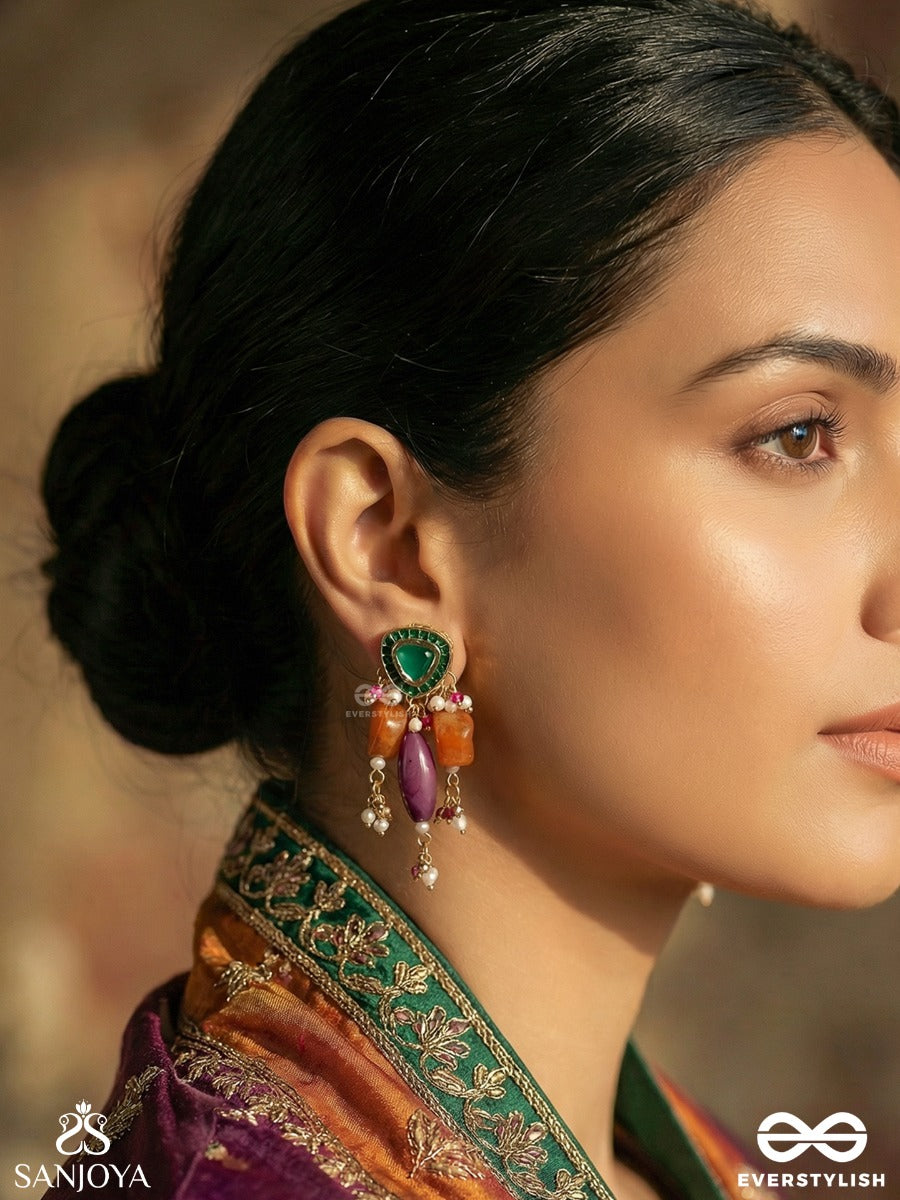 Manirangita - Jewelled In Colours - Statement Earrings With Gemmed Panel And Colourful Danglers