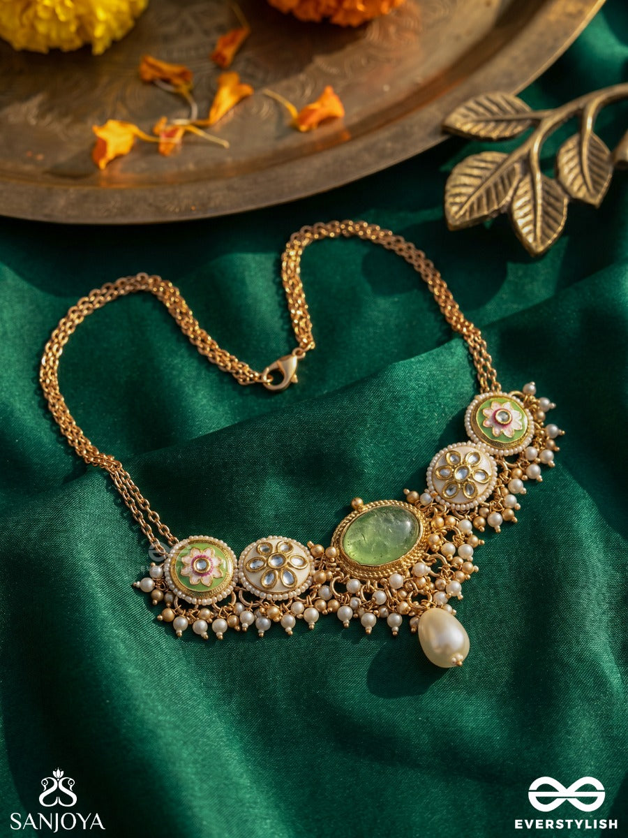 Marakatika - Emerald Glow - Ornate Necklace With Gemmed Medallions, Green Stone Centre And Delicate Gold Fringe