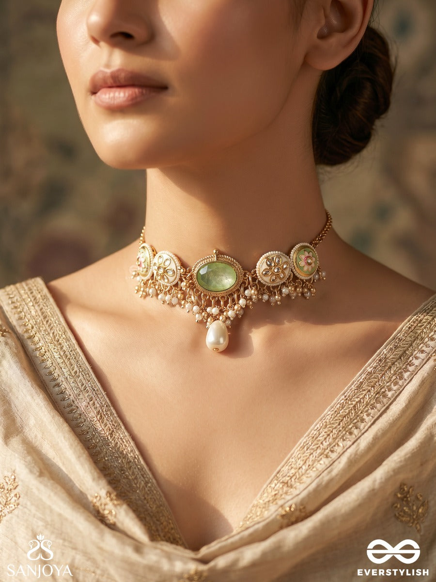 Marakatika - Emerald Glow - Ornate Necklace With Gemmed Medallions, Green Stone Centre And Delicate Gold Fringe
