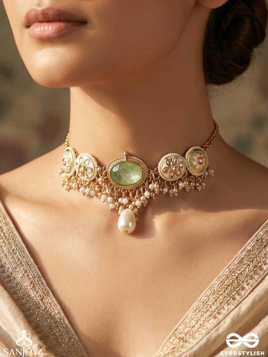 Marakatika - Emerald Glow - Ornate Necklace With Gemmed Medallions, Green Stone Centre And Delicate Gold Fringe