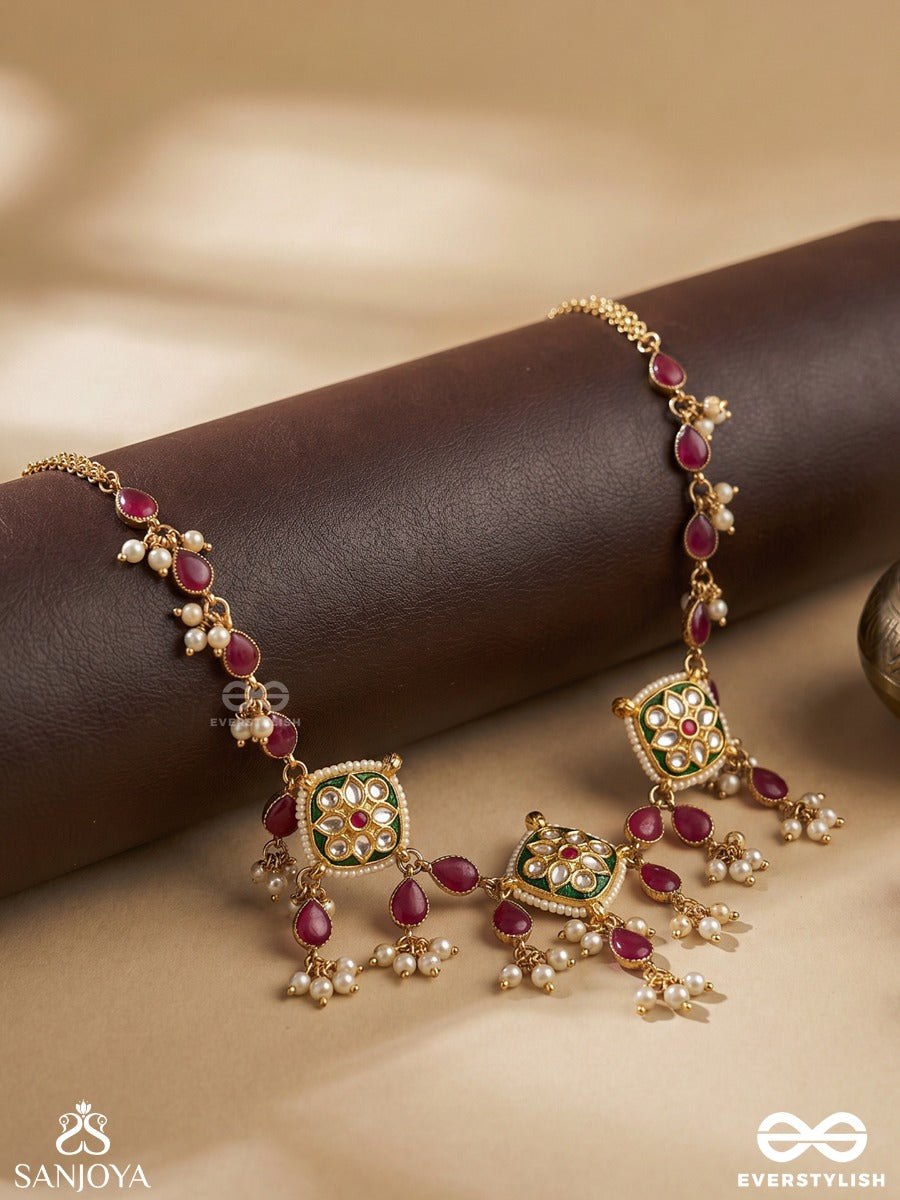 Maniketana - House Of Jewels - Festive Necklace With Gemmed Motifs And Ruby-Toned Drop Accents