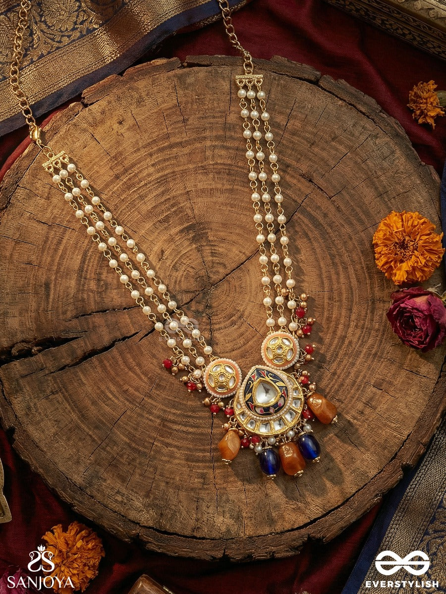 Indumandita - Moon Adorned - Festive Necklace With Layered Pearl Strands, Ornate Centre And Multi-Stone Drop Accents