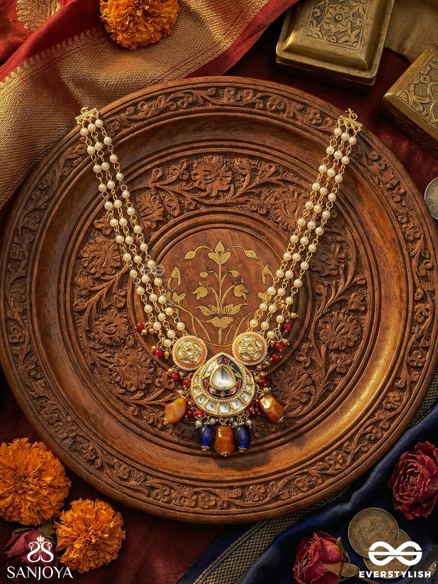 Indumandita - Moon Adorned - Festive Necklace With Layered Pearl Strands, Ornate Centre And Multi-Stone Drop Accents
