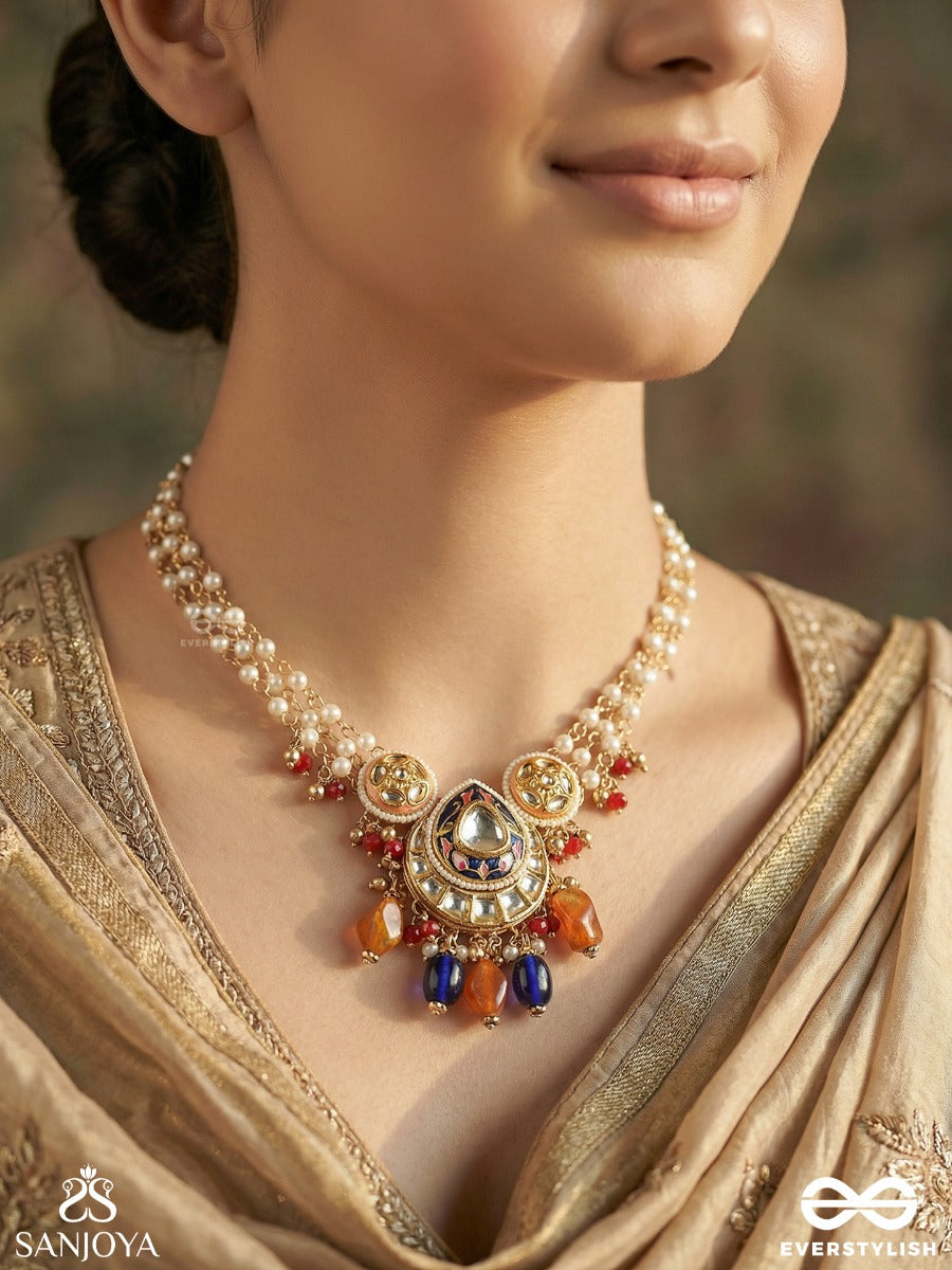Indumandita - Moon Adorned - Festive Necklace With Layered Pearl Strands, Ornate Centre And Multi-Stone Drop Accents