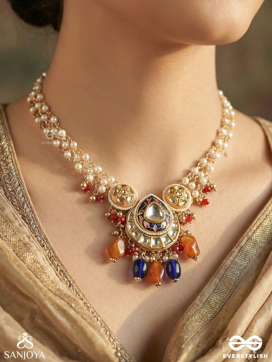 Indumandita - Moon Adorned - Festive Necklace With Layered Pearl Strands, Ornate Centre And Multi-Stone Drop Accents