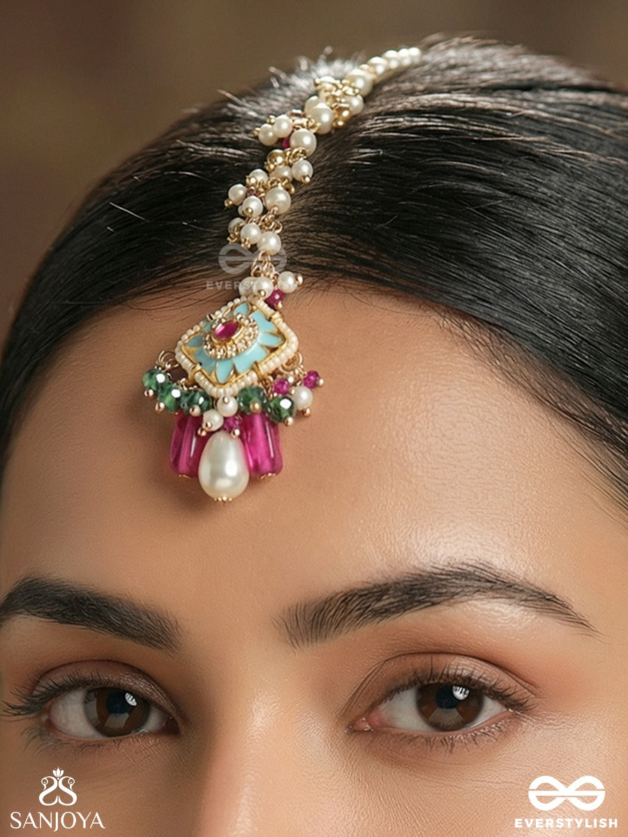 Rangchandri - Coloured Moon - Ornate Maangtika With Gemmed Panel, Enamel Detail And Dangling Pearl Drops