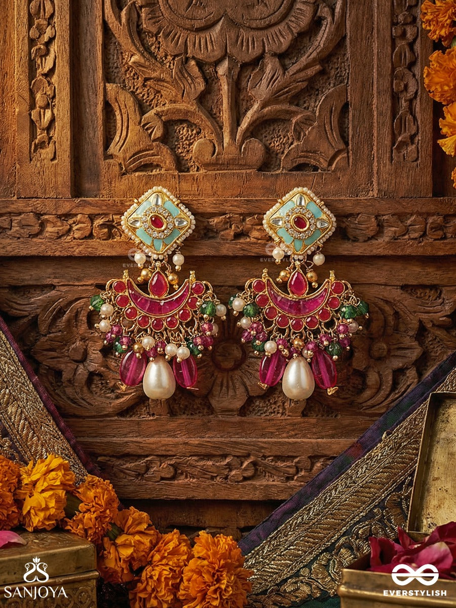 Rangchandri - Coloured Moon - Statement Earrings With Enamelled Crescent, Ruby-Toned Stones And Pearl Drop Accents