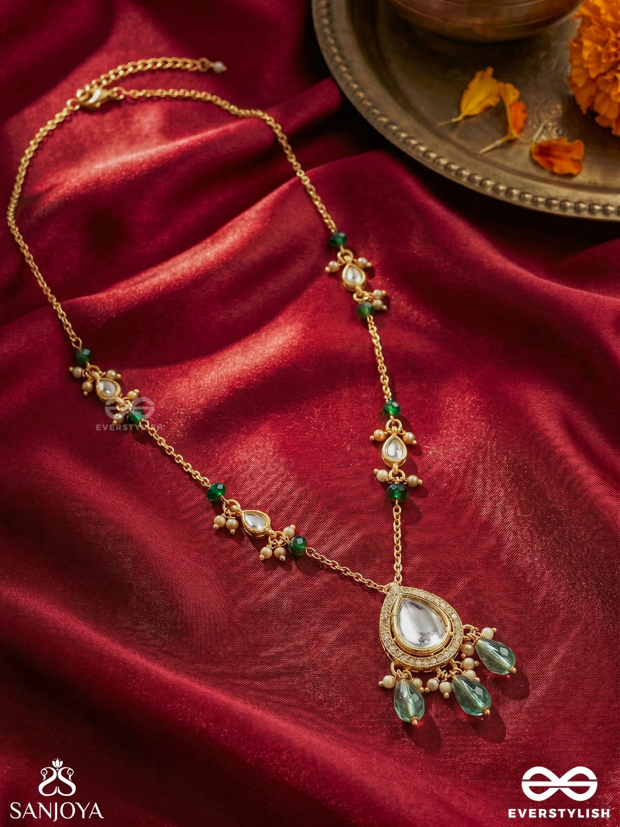 Haritlekha - Green Trace - Delicate Necklace With Slender Chain, Gemmed Pendant And Green Drop Accents