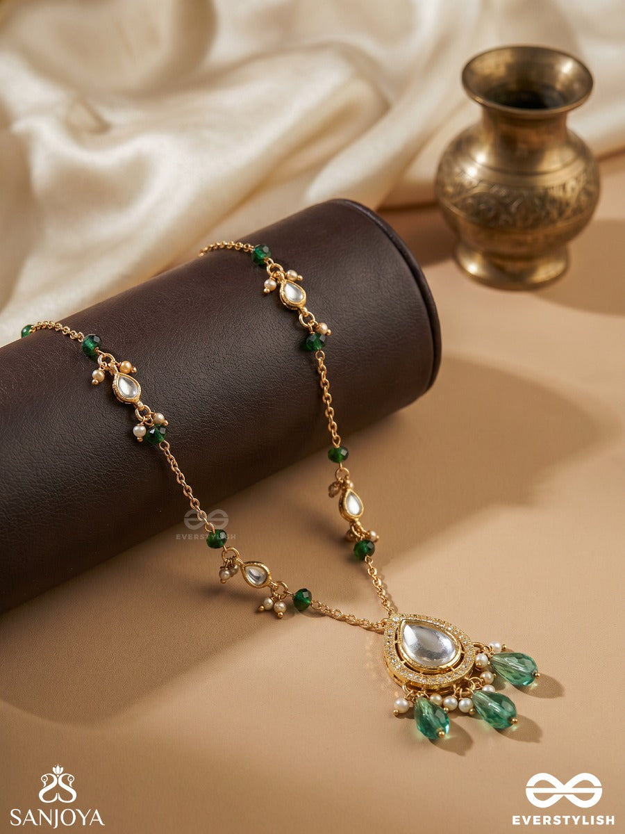 Haritlekha - Green Trace - Delicate Necklace With Slender Chain, Gemmed Pendant And Green Drop Accents