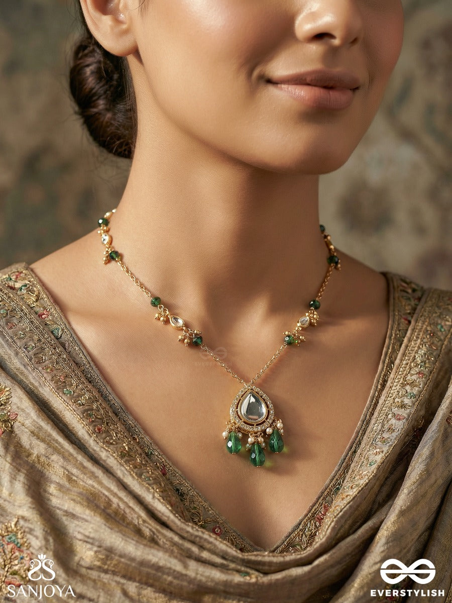 Haritlekha - Green Trace - Delicate Necklace With Slender Chain, Gemmed Pendant And Green Drop Accents