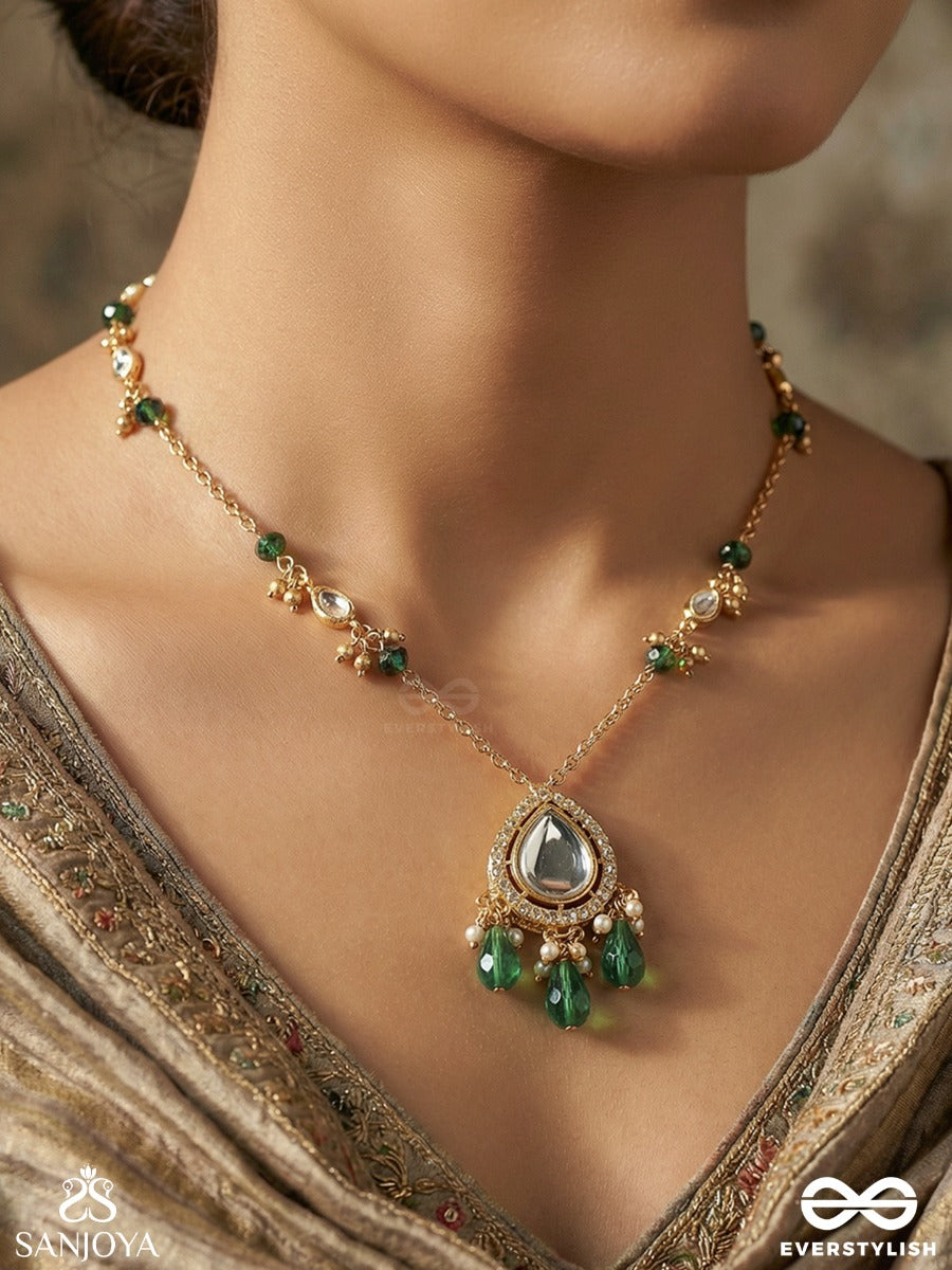 Haritlekha - Green Trace - Delicate Necklace With Slender Chain, Gemmed Pendant And Green Drop Accents