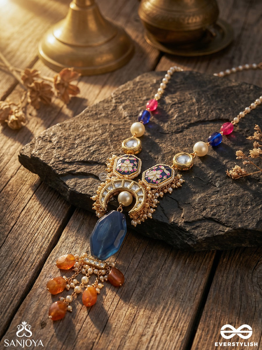 Vasurangika - Treasured Hues - Festive Long Necklace With Embellished Elements And Multi-Drop Fringe