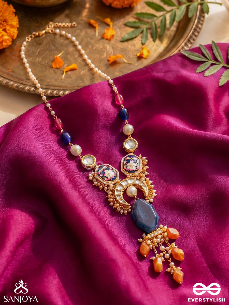 Vasurangika - Treasured Hues - Festive Long Necklace With Embellished Elements And Multi-Drop Fringe