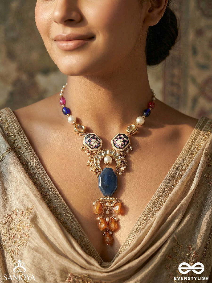 Vasurangika - Treasured Hues - Festive Long Necklace With Embellished Elements And Multi-Drop Fringe