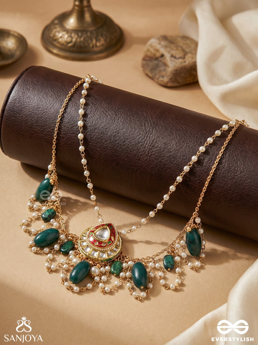 Haritratika - Green Adornment - Festive Necklace With Enamelled Centre, Layered Chains And Emerald Drop Accents