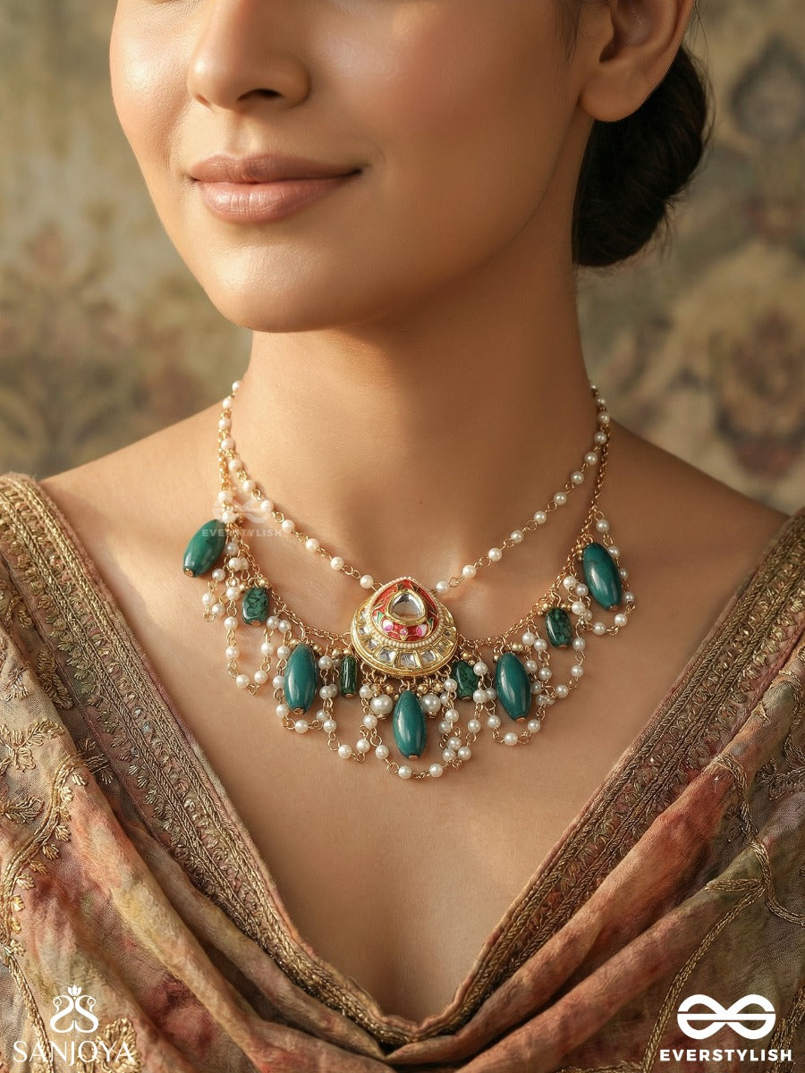Haritratika - Green Adornment - Festive Necklace With Enamelled Centre, Layered Chains And Emerald Drop Accents